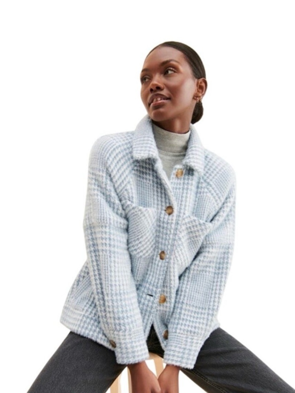 Light Blue Houndstooth Shacket Jacket - Women